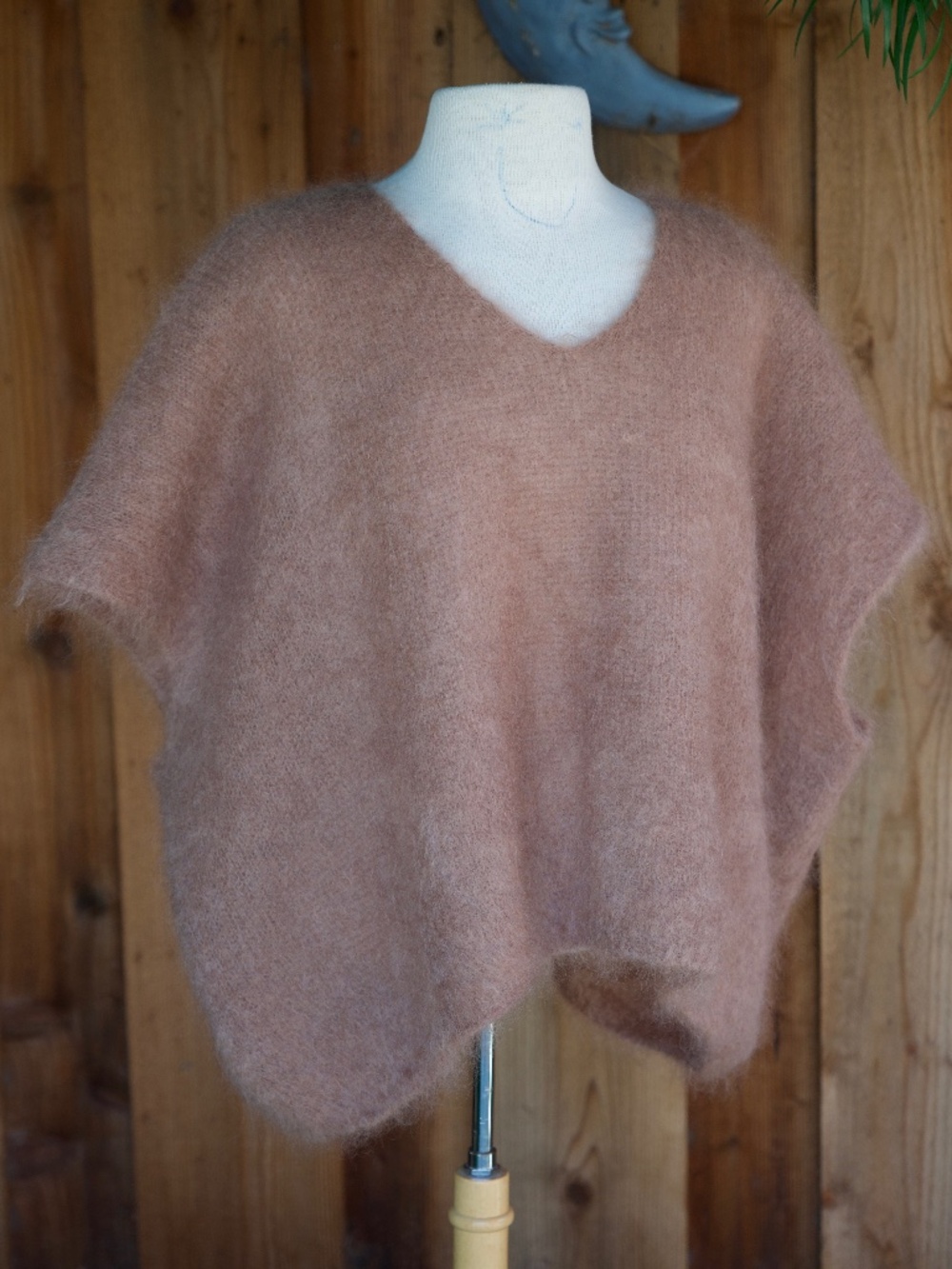 Knit Mohair Blend Soft Brown Oversized Sweater Poncho Made In Italy Woman's OS